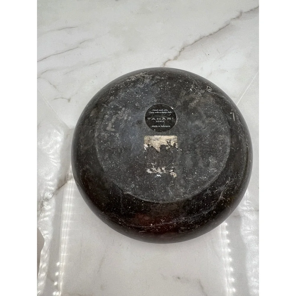Tahari Home Marble Decorative Bowl Black Stone Copper Inlay Centerpiece 10in